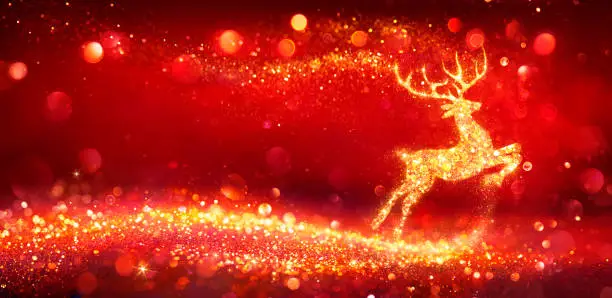 Golden Deer In Shiny Red Background - Christmas Magic Card