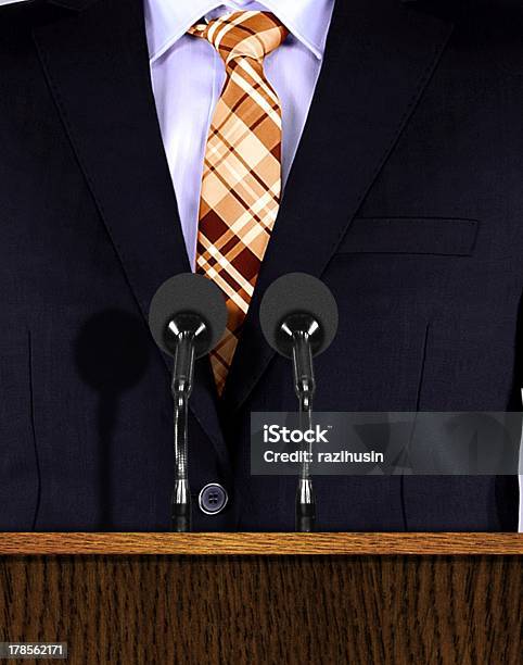 Presentation Speech At A Podium With Microphones Stock Photo - Download Image Now - Adult, Business, Businessman