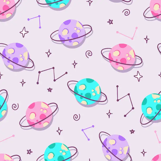 Vector illustration of Multicolor Saturn Planets Vector Seamless Pattern