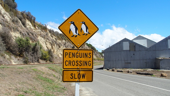 Penguis crossing traffic sign in Kaikoura, New Zealand