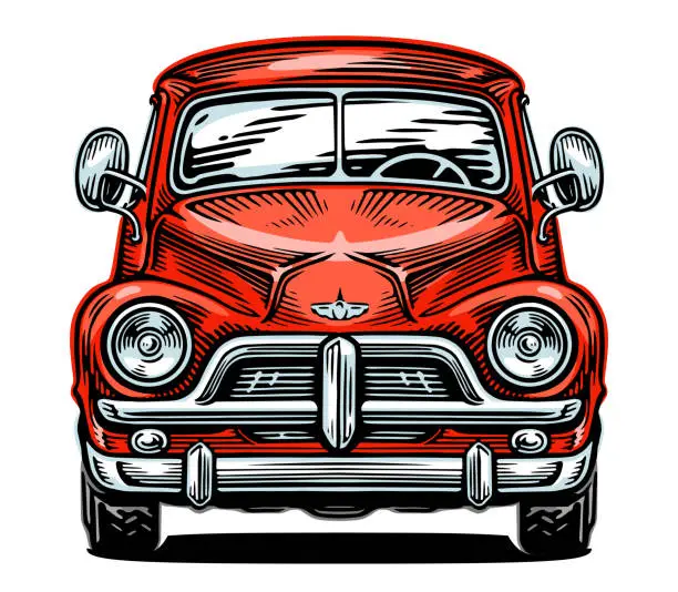 Vector illustration of Hand drawn classic retro red car, front view. Transport vector illustration