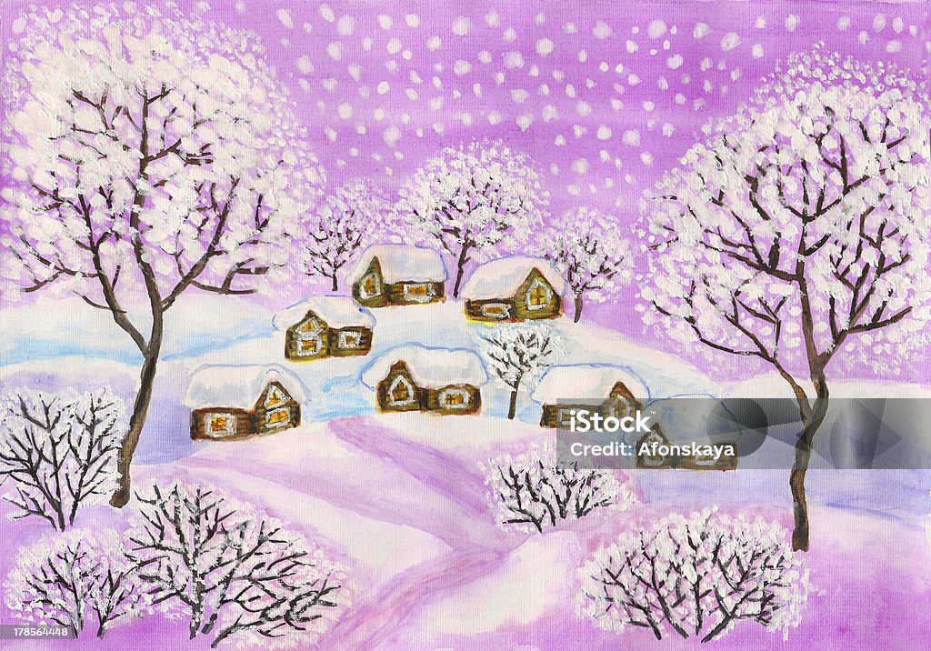 Winter landscape in purple colours, painting "Hand painted Christmas picture, winter landscape with houses and trees in purple colours, used watercolours, gouache, acrylic." Acrylic Painting stock illustration