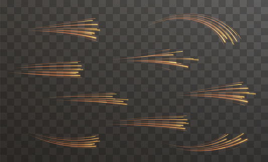 Speed Lines. Background of set  gold speed light lines. Dynamic lights on a dark background. Concept of high speed gold speed lines. Vector