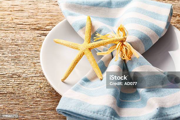 Rustic Summer Table Setting Stock Photo - Download Image Now - Place Setting, Starfish, Blue