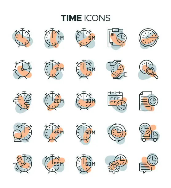 Vector illustration of Colorful Time Icon Set - Time, Clock, Watch- Timepiece, Calendar, Symbol, Calendar Date, 24-7, Timer, 25 Hrs, Reminder