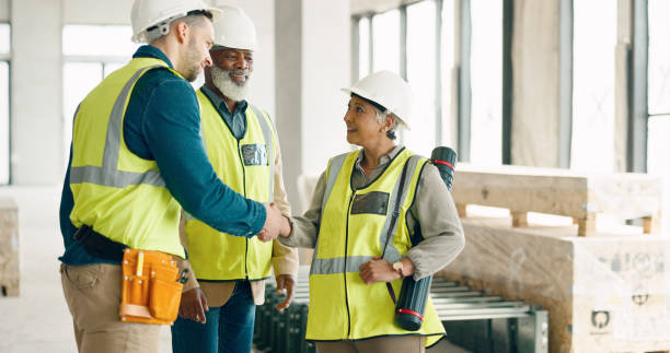 istock Handshake, architecture and construction people planning b2b deal, trust and hello to support collaboration. Teamwork, industrial partnership and shaking hands for welcome, consulting and engineering 1785677281