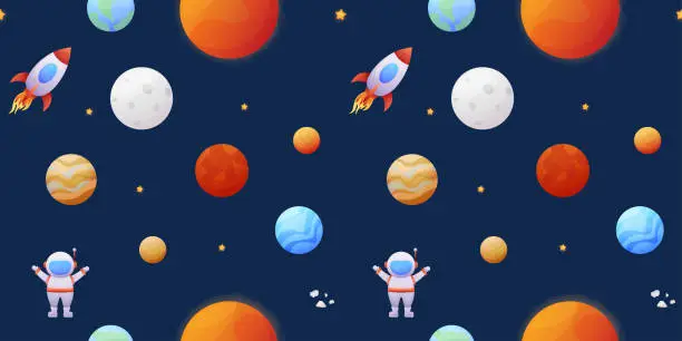 Vector illustration of seamless pattern with cartoon space rockets, planets and stars, astronaut. vector illustration