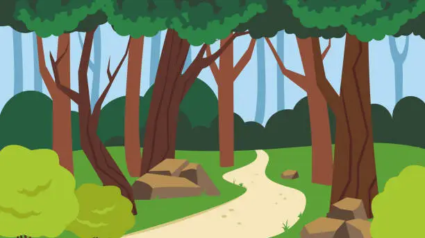 Vector illustration of Forest landscape with road, trees, rocks and bushes.