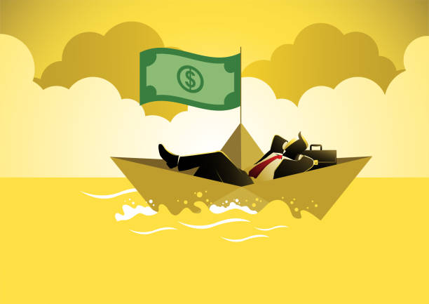 illustrazioni stock, clip art, cartoni animati e icone di tendenza di felice giovane uomo d'affari di successo sulla barca sotto la vela del dollaro - ceo business finance making money
