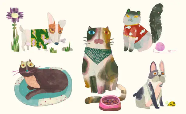 Vector illustration of Cats and dogs, animal illustration, watercolor vector artwork.