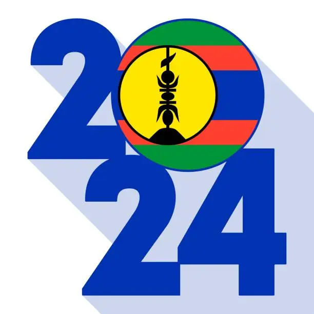 Vector illustration of Happy New Year 2024, long shadow banner with New Caledonia flag inside. Vector illustration.