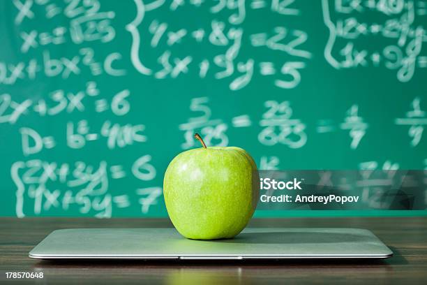 Laptop And Apple On The Desk Stock Photo - Download Image Now - Chalkboard - Visual Aid, Computer, Desk