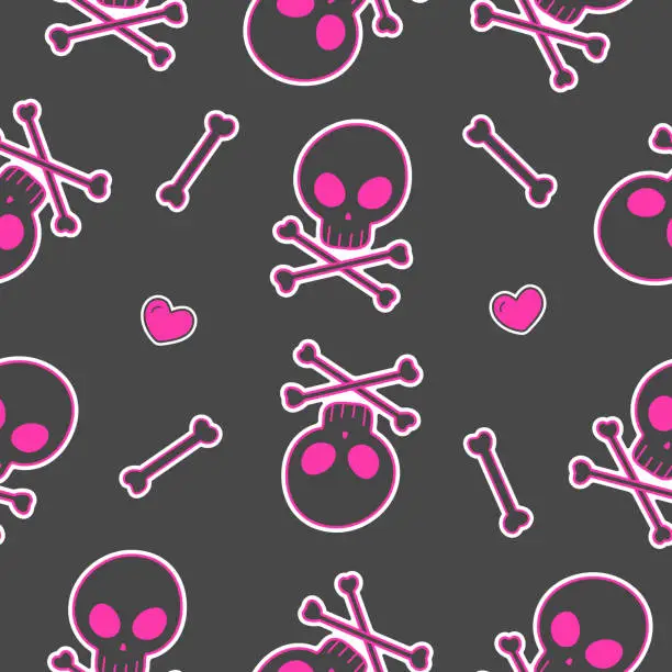 Vector illustration of seamless pattern skull with bones, heart, 2000s emo style, y2k aesthetic, vector pattern for textiles, t-shirts, packaging and more