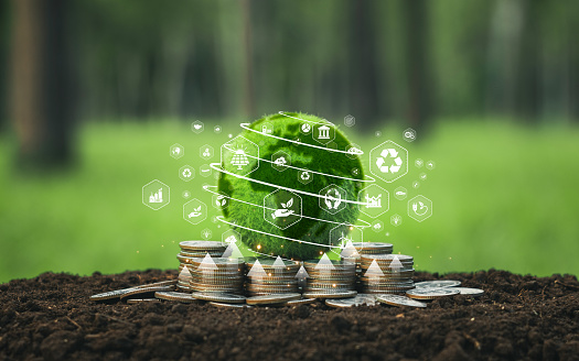 Earth placed on a pile of coins and icons with green background green business idea Sustainability Finance and Investment, Taxes and Carbon Credits