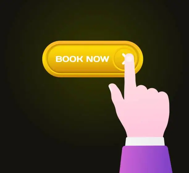 Vector illustration of Book now button. Flat, color, hand on the button, book now. Vector icon