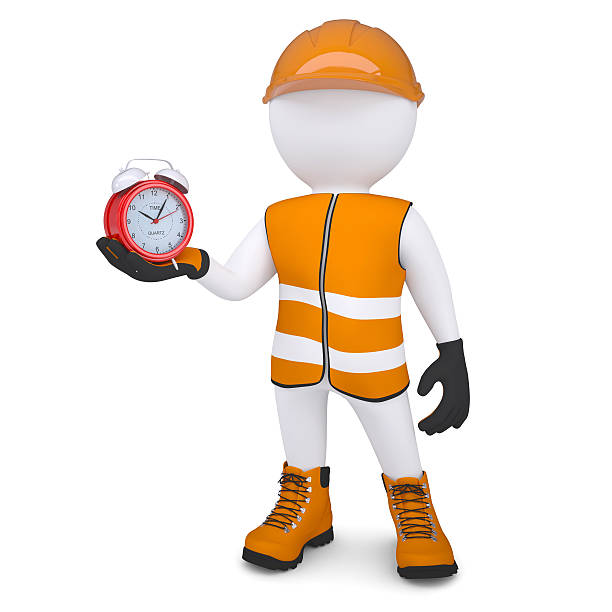istock 3d white man in overalls holding a alarm clock 178571913