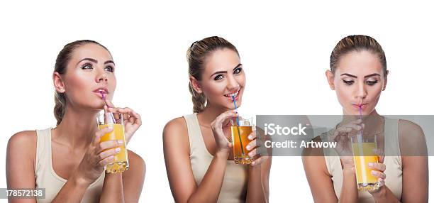 Portrait Of Happy Young Woman With Juice On White Backg Stock Photo - Download Image Now