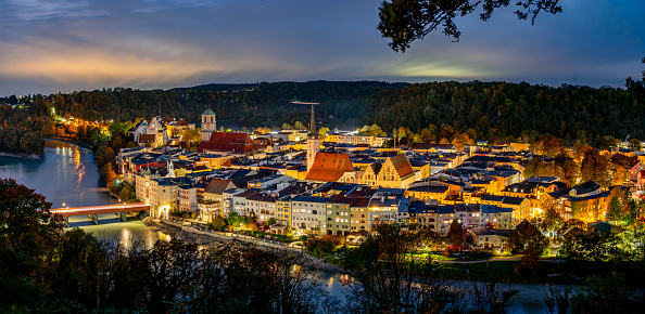 Wasserburg am Inn city riverside evening shot with bridges photographed from above with the lights of the city
