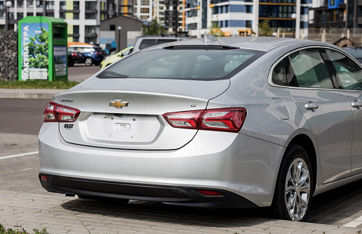 Ozernoe, Zhytomyr region, Ukraine - August 09, 2020: Mercedes-Benz CLA 250. The car stands on the street on a sunny day. The car was released in 2015.