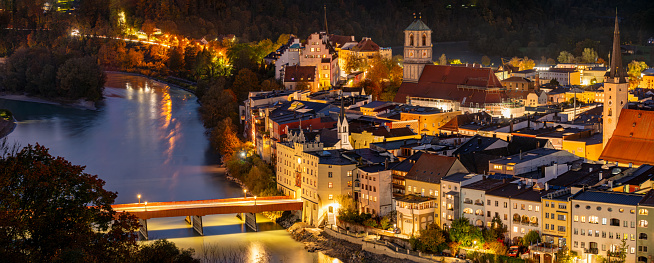 Wasserburg am Inn city riverside evening shot with bridges photographed from above with the lights of the city