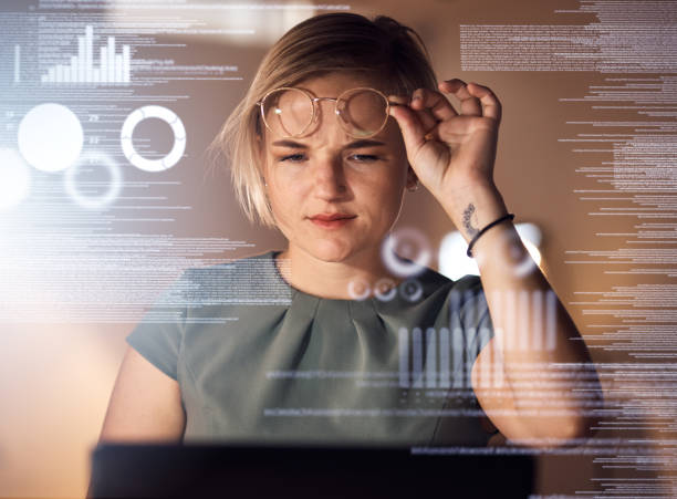 istock Laptop, coding or abstract for business woman, confused worker or curious web designer in night office. Programmer, technology or 3d code in dark company for cybersecurity, software or data analytics 1785738170