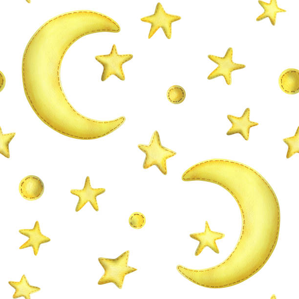 istock Yellow half moon with stars from fabric with thread stitches. Watercolor illustration, hand drawn. Seamless pattern on a white background. 1785739251