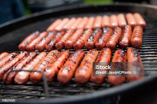 Hot Dogs On The Grill Stock Photo - Download Image Now - Barbecue Grill, Coal, Cooked