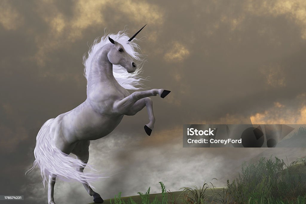 Rare Earth A beautiful white Unicorn rears up on the top of a cliff on a misty day. Unicorn Stock Photo