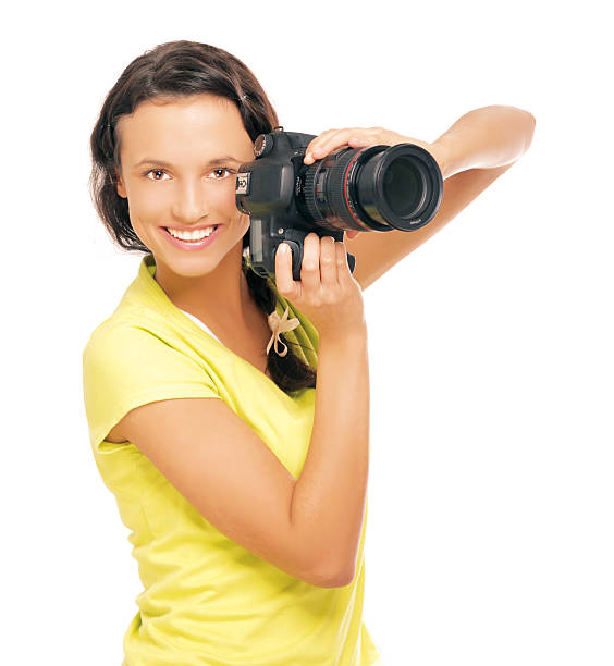 istock Beautiful brunette girl holding professional camera 178574267