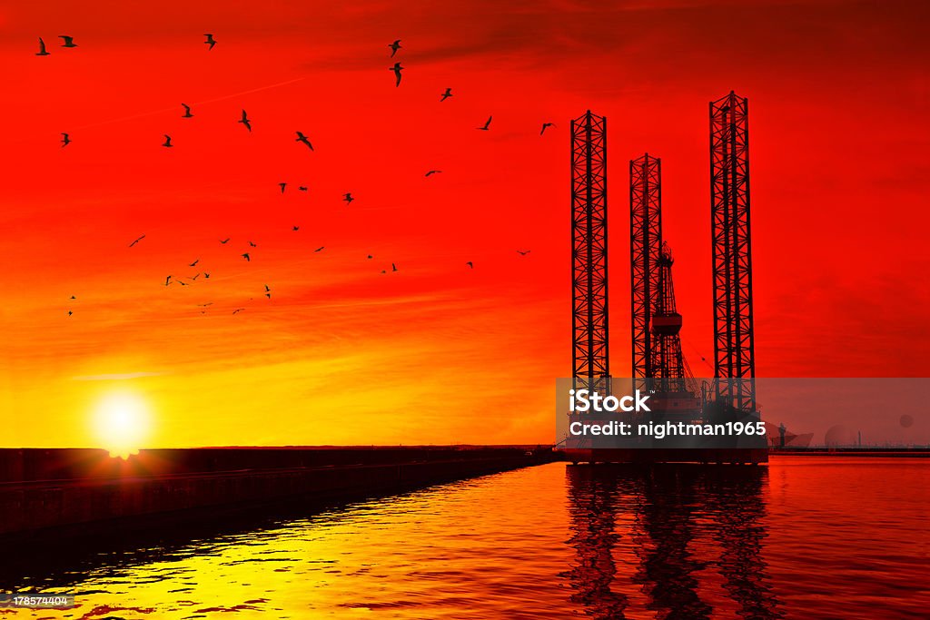 Plataforma petrolífera en el crepúsculo - Foto de stock de Pájaro libre de derechos