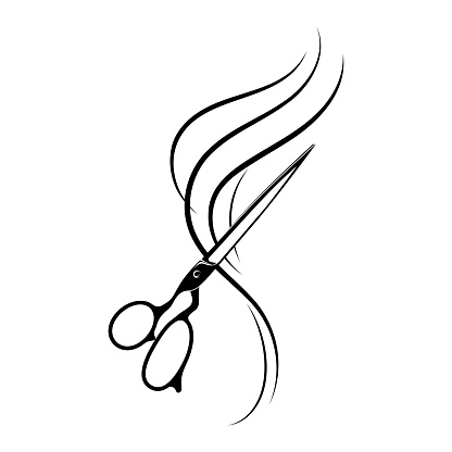 Beautiful hair curls and stylist scissors. Design for a beauty salon and hairdresser