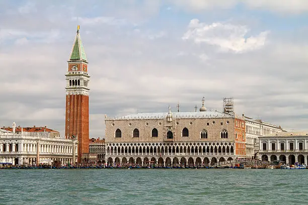 Waterfront in Venice St Marco area with campanile and Doge Palace.