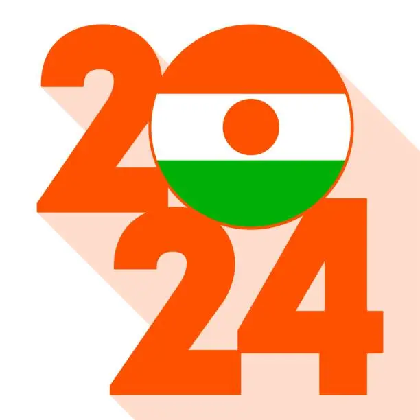 Vector illustration of Happy New Year 2024, long shadow banner with Niger flag inside. Vector illustration.