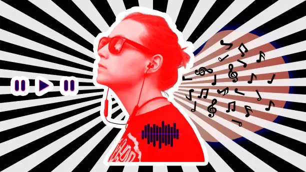 Photo of Young woman headphones social media ad creative digital art collage red sunburst background. Listen to music play sound