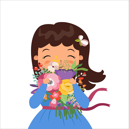 Happy cute girl holding bouquet of flowers. Happy woman's day. Spring holiday. Vector illustration. Happy girl with flowers