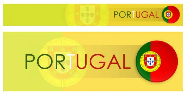Vector illustration of PORTUGAL flag horizontal web banner in modern neomorphism style. Webpage Portuguese country header button for mobile application or internet site. Vector