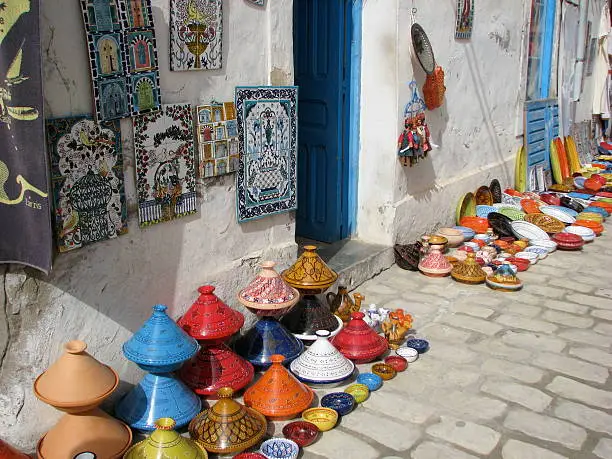 Pottery and tiles on display for sale in Djerba, Tunisia