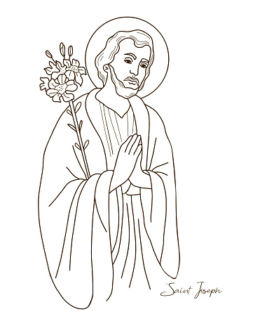 Saint Joseph the Betrothed. Holy Forefather with blooming lily. Vector illustration. Hand drawn outline for decoration of religious themes, Catholic and Christian holidays