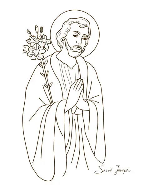 Vector illustration of Saint Joseph the Betrothed. Holy Forefather with blooming lily. Vector illustration. Hand drawn outline for decoration of religious themes, Catholic and Christian holidays.