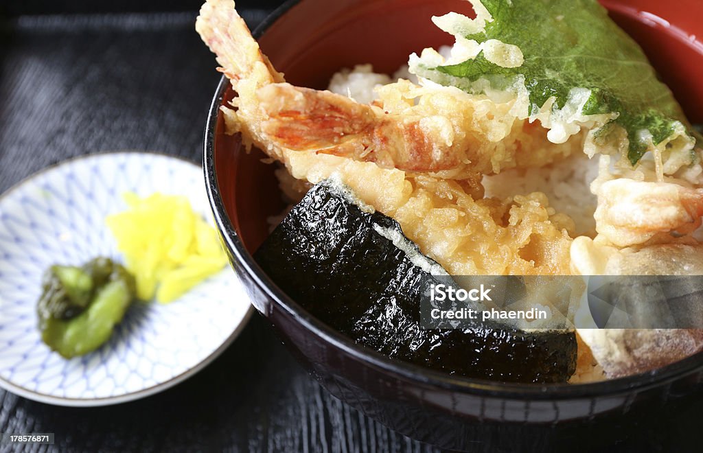 Deep fried shrimp called Tempura on top of japanese rice Appetizer Stock Photo