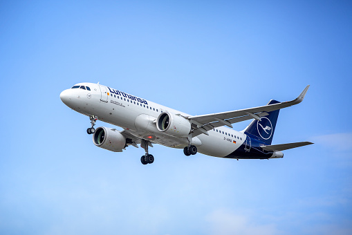 Frankfurt, Germany - August 01, 2023: A landing airplane of German airline Lufthansa at Frankfurt International airport