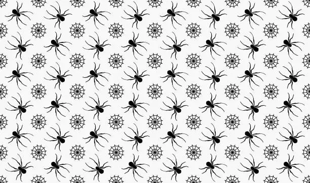 Vector illustration of Spider sits on the web vector seamless pattern. Spider and spider`s web on gray background