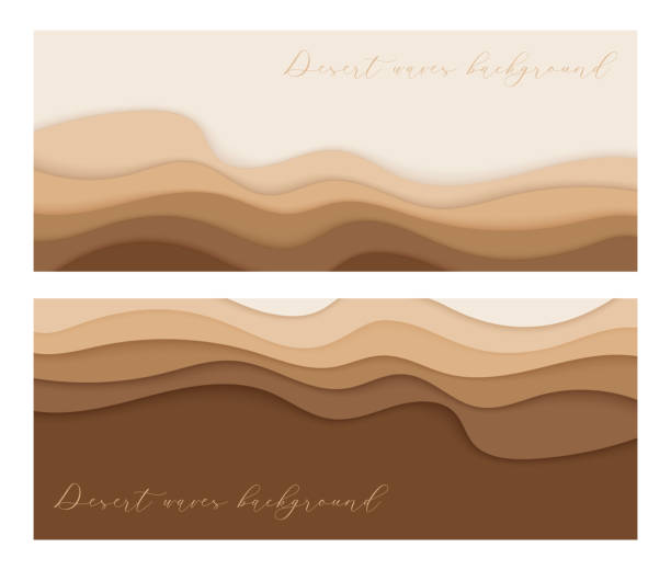 ilustrações de stock, clip art, desenhos animados e ícones de desert waves, sand dunes paper art two banners set - cor camel