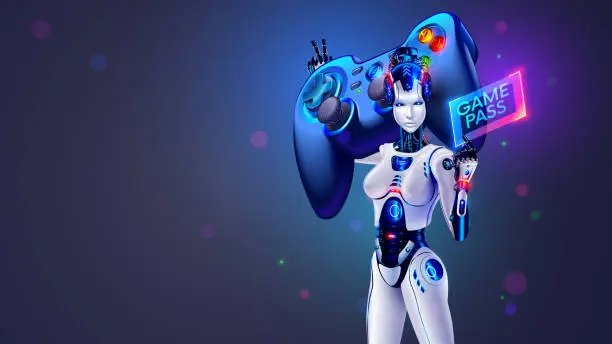 Vector illustration of Beautiful cyborg woman holds on her shoulder huge gamepad, game pass for computer video games, digital entertainment. Female robot with large controller for gaming consoles on gamers poster or banner.
