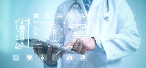 Doctor work with experiences a virtual interface with human body analysis. Digital healthcare and network connectivity on a modern interface. medical technology and futuristic concept