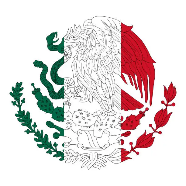 Vector illustration of Mexican coat of arms with eagle. Symbol of Mexico flag emblem. Vector illustration.