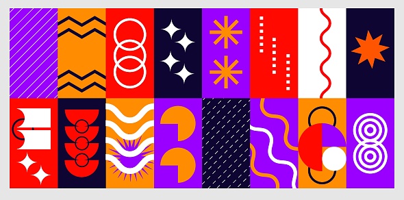 Brutalist posters set with abstract geometric shapes and naive grids. Brutal contemporary figure star oval spiral wave and other primitive elements. Swiss design aesthetic. Vector illustration