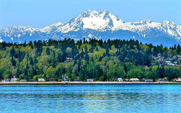 ilha de bainbridge puget sound monte olimpo montanha na neve estado de washington - kitsap imagens e fotografias de stock