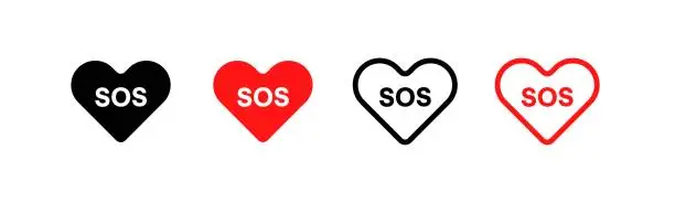 Vector illustration of SOS hearts icons. Different styles, red, hearts with the inscription SOS, SOS icons. Vector icons