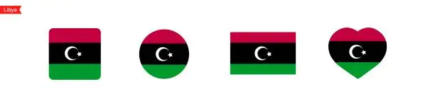 Vector illustration of National flag of Libya. Flag icons for language selection. Libya flag in the shape of a square, circle, heart. Vector icons